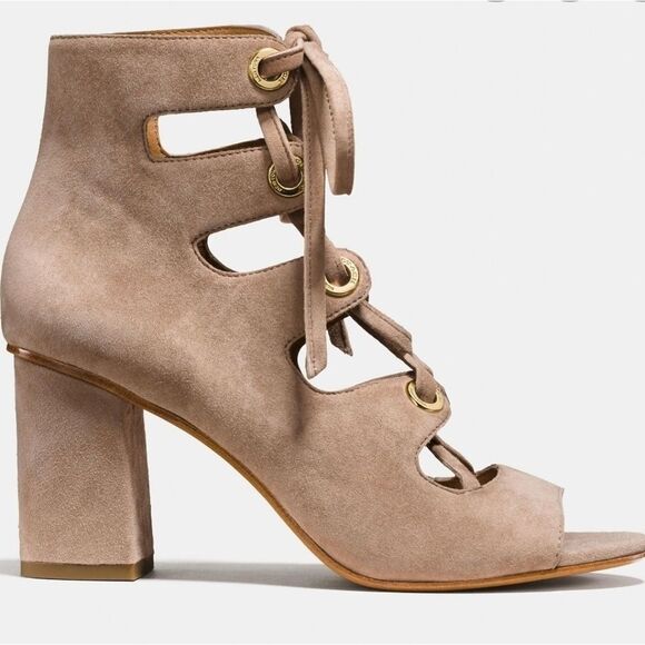 Coach Priscilla Tan Lux Suede Lace Up Sandal Heels - Picture 2 of 9